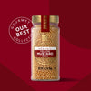 A jar of Whole Grain Mustard Seed from Our Best Collection is displayed against a red background.
