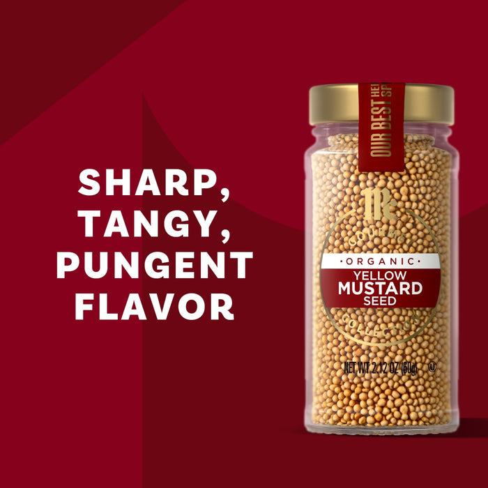 A jar of Korean Mustard Seeds is displayed, highlighting its sharp, tangy, and pungent flavor.
