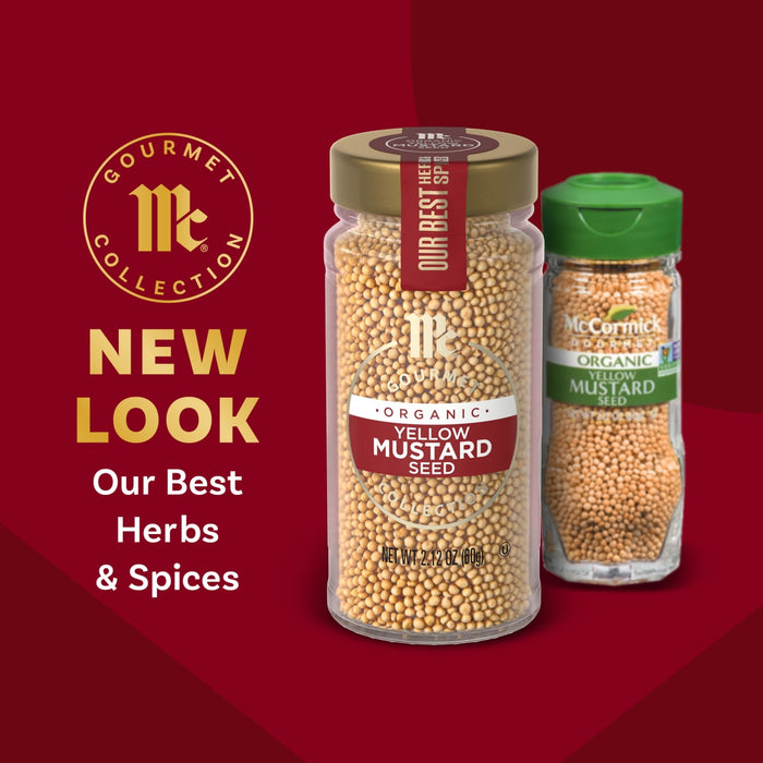 McCormick Gourmet Collection mustard seeds are featured with the text New Look Our Best Herbs &amp; Spices.