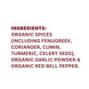 The image shows a list of ingredients including organic spices like fenugreek, coriander, cumin, turmeric, celery seed, organic garlic powder and organic red bell pepper.