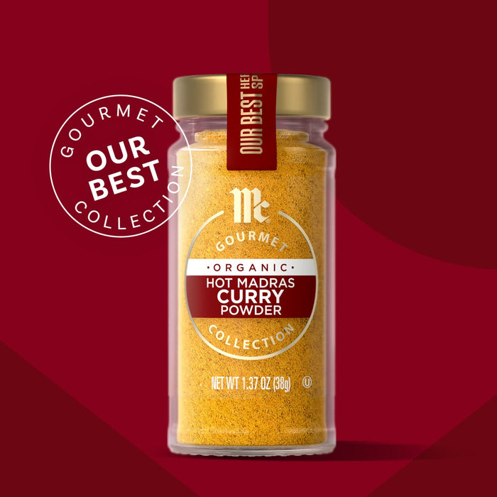 McCormick Gourmet Curry Powder in a glass jar, part of the Our Best Collection.