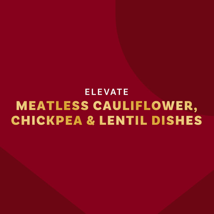 Elevate meatless cauliflower, chickpea and lentil dishes are featured on a red background.