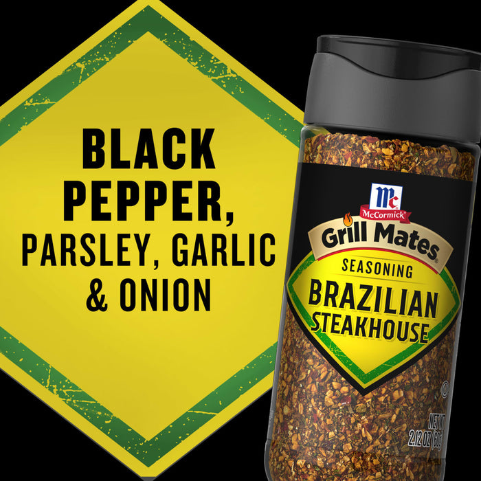 A bottle of McCormick Grill Mates Brazilian Steakhouse seasoning is shown next to a yellow sign that lists black pepper, parsley, garlic, and onion.