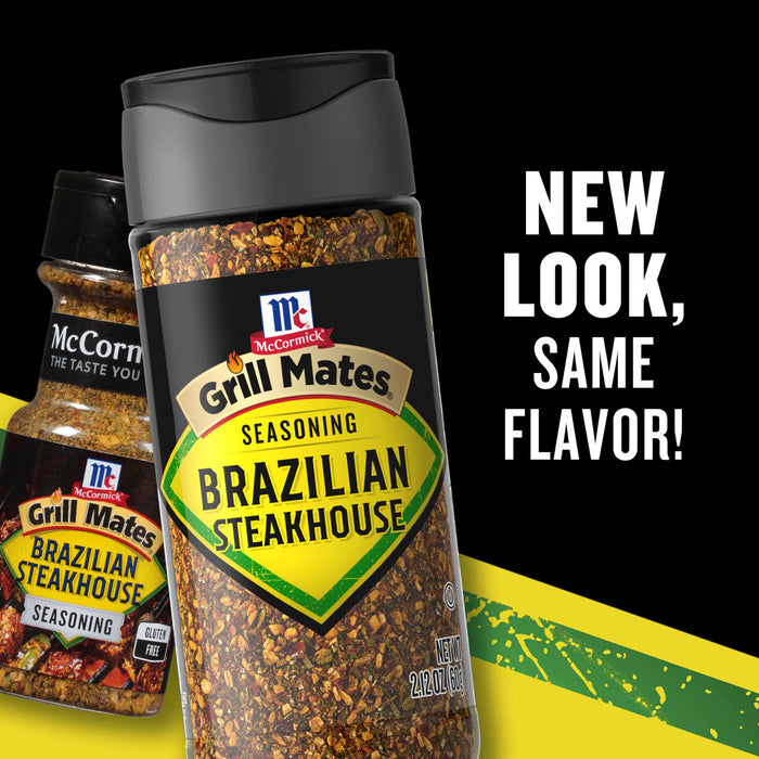 Two bottles of McCormick Grill Mates Brazilian Steakhouse seasoning are featured with the text New Look Same Flavor!
