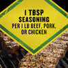 A seasoned steak is being grilled with the text 1 TBSP seasoning per 1 LB beef, pork, or chicken overlaid on the image.