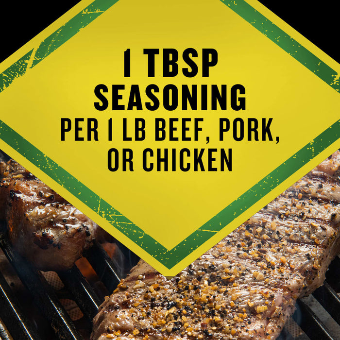 A seasoned steak is being grilled with the text 1 TBSP seasoning per 1 LB beef, pork, or chicken overlaid on the image.