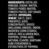 A list of ingredients for a product including vinegar sugar water tomato puree soy sauce pineapple juice spices and more.