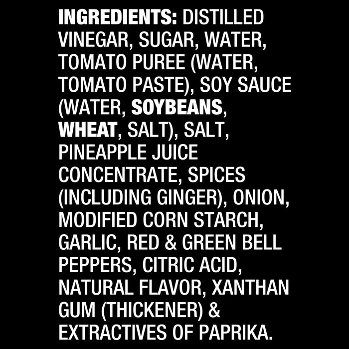 A list of ingredients for a product including vinegar sugar water tomato puree soy sauce pineapple juice spices and more.