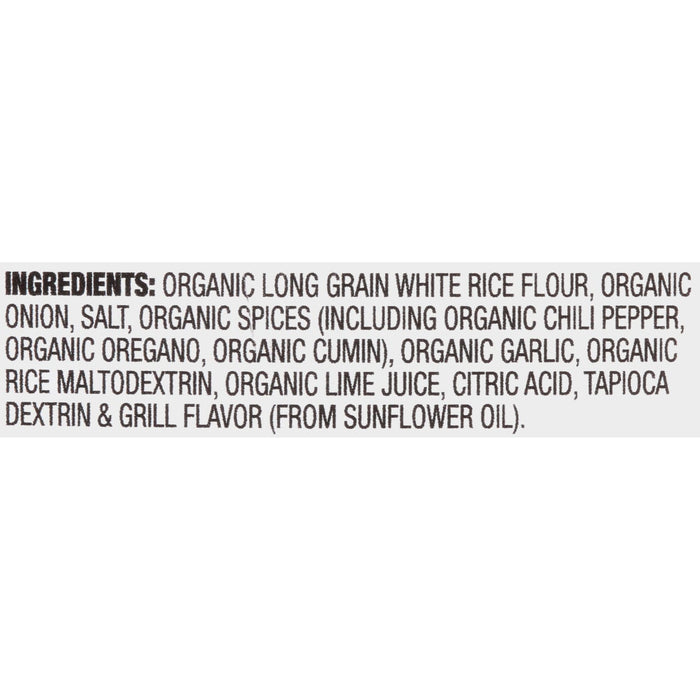 A list of ingredients for a product including organic long grain white rice flour organic onion salt organic spices organic garlic organic lime juice citric acid tapioca dextrin and grill flavor.