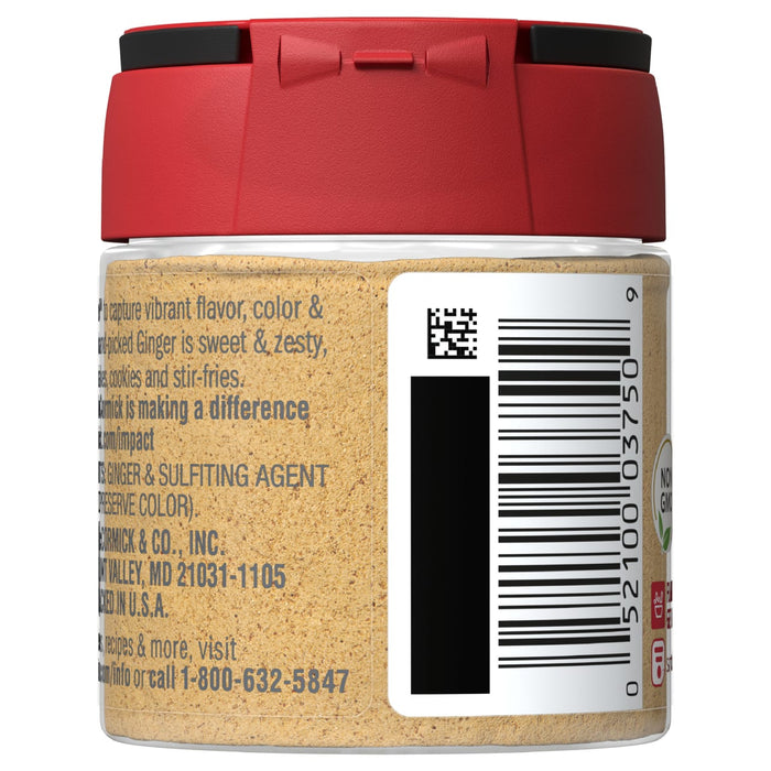 A jar of McCormick Ginger is shown with a barcode and a non-GMO label.