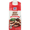 McCormick Beef Gravy box with a serving suggestion of beef mashed potatoes and broccoli.