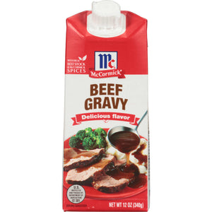 McCormick Beef Gravy box with a serving suggestion of beef mashed potatoes and broccoli.