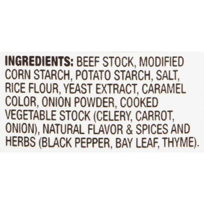 A list of ingredients for a product including beef stock corn starch potato starch salt rice flour yeast extract caramel color onion powder cooked vegetable stock natural flavor spices and herbs.