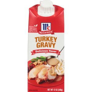 McCormick Turkey Gravy box with a serving suggestion of turkey gravy stuffing and green beans.