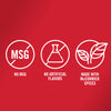 Three white icons on a red background show that McCormick products are made with no MSG no artificial flavors and made with McCormick spices.