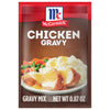McCormick Chicken Gravy packet with a picture of chicken mashed potatoes peas and carrots.