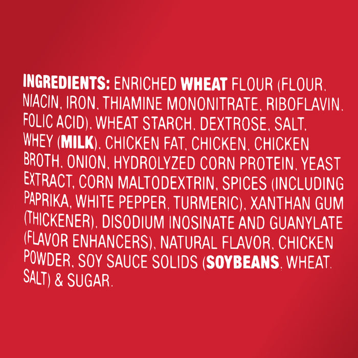 A list of ingredients for a product including wheat flour chicken fat and soy sauce solids.