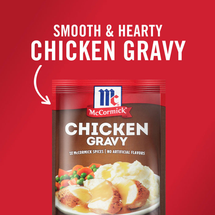 A package of McCormick Chicken Gravy mix with a picture of chicken mashed potatoes and gravy.