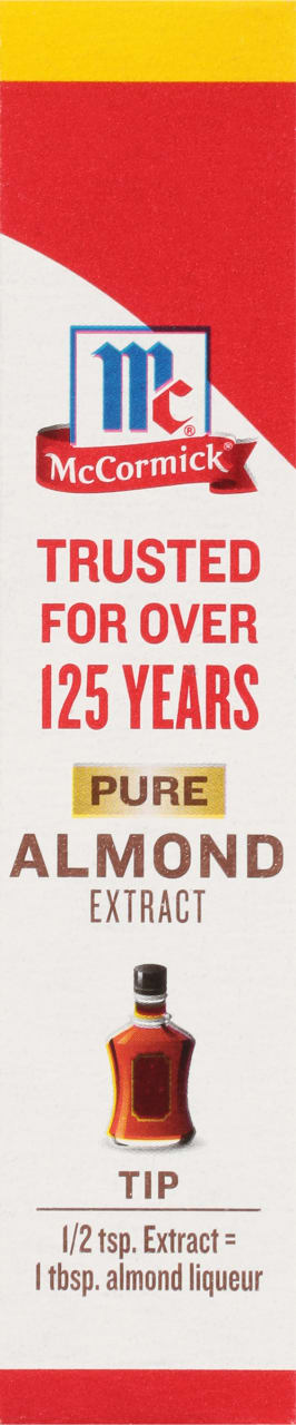McCormick Pure Almond Extract bottle with a tip that 1/2 tsp. extract equals 1 tbsp. almond liqueur.