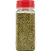 A glass jar with a red lid filled with dried oregano.