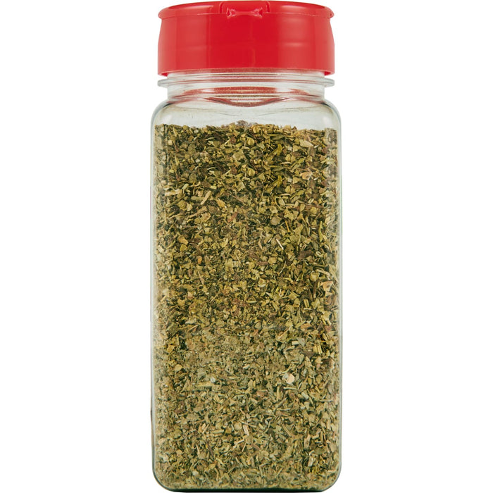 A glass jar with a red lid filled with dried oregano.