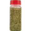 A glass jar with a red lid filled with dried herbs.