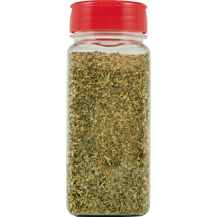 A glass jar with a red lid filled with dried herbs.