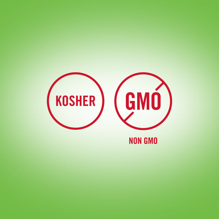 The image displays two red circular icons, one indicating Kosher certification and the other signifying Non-GMO status.