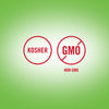 The image displays two red circular icons, one indicating Kosher certification and the other signifying Non-GMO status.
