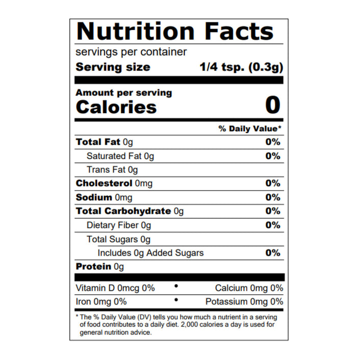 This is a nutrition facts label showing that a 1/4 teaspoon serving contains 0 calories and minimal amounts of fat, sodium, carbohydrates, and protein.