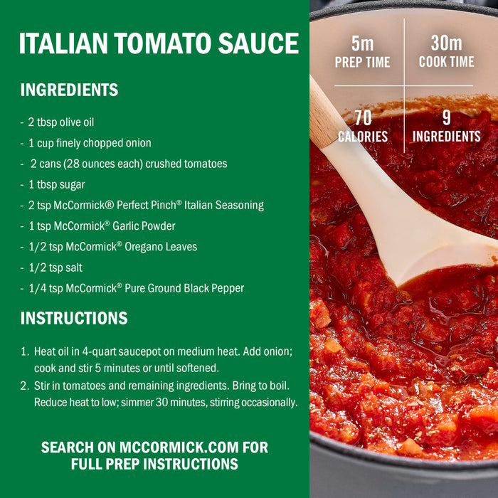 McCormick Italian Tomato Sauce recipe with ingredients and instructions, showing a pot of simmering sauce.