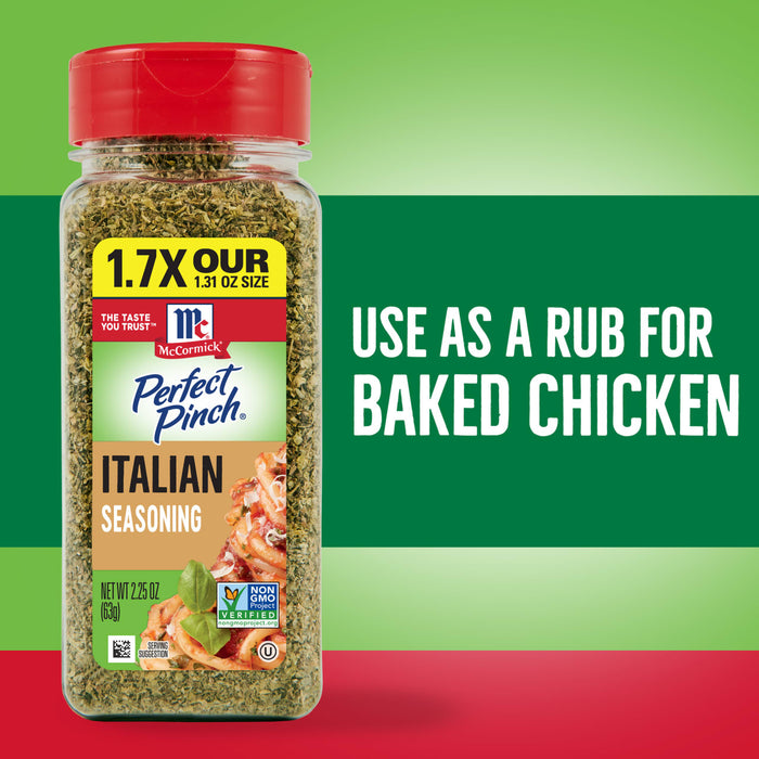 McCormick Perfect Pinch Italian Seasoning is recommended as a rub for baked chicken.