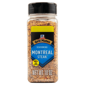 A container of McCormick Grill Mates Montreal Steak Seasoning with 25% less sodium.