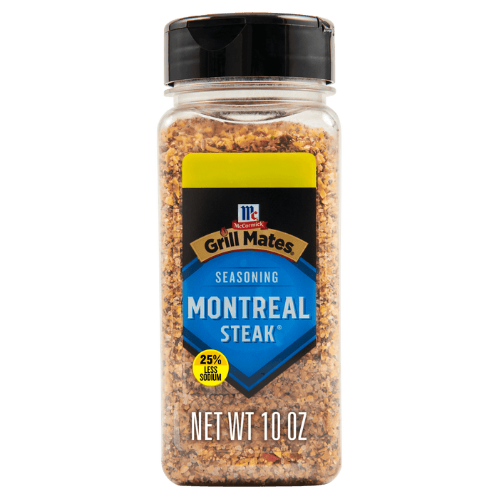 A container of McCormick Grill Mates Montreal Steak Seasoning with 25% less sodium.