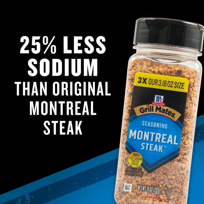 A container of McCormick Grill Mates Montreal Steak Seasoning with 25% less sodium than the original.