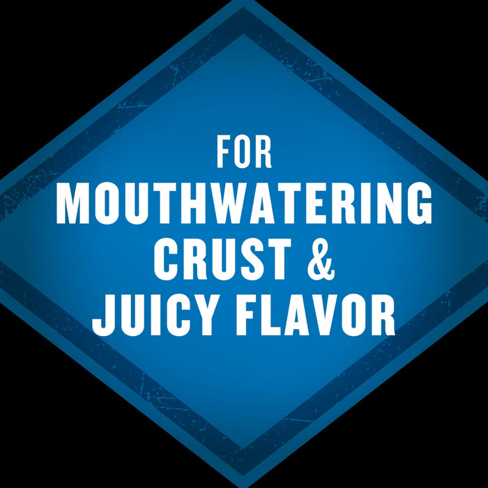 The image features a blue diamond shape with the text FOR MOUTHWATERING CRUST &amp; JUICY FLAVOR in white, suggesting a product benefit related to food.