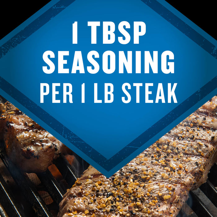 A close-up of seasoned steaks grilling with the text 1 TBSP Seasoning Per 1 LB Steak overlaid on a blue diamond.