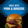 A double cheeseburger with toppings is featured with the text Great with Pork &amp; Burgers on a blue diamond background.