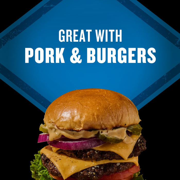 A double cheeseburger with toppings is featured with the text Great with Pork &amp; Burgers on a blue diamond background.