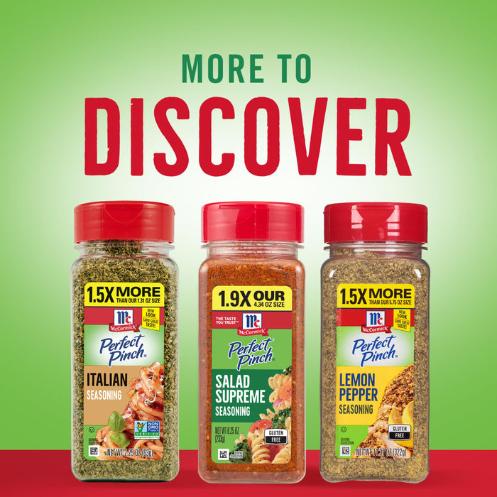 Three McCormick Perfect Pinch seasoning jars with different flavors: Italian, Salad Supreme, and Lemon Pepper.