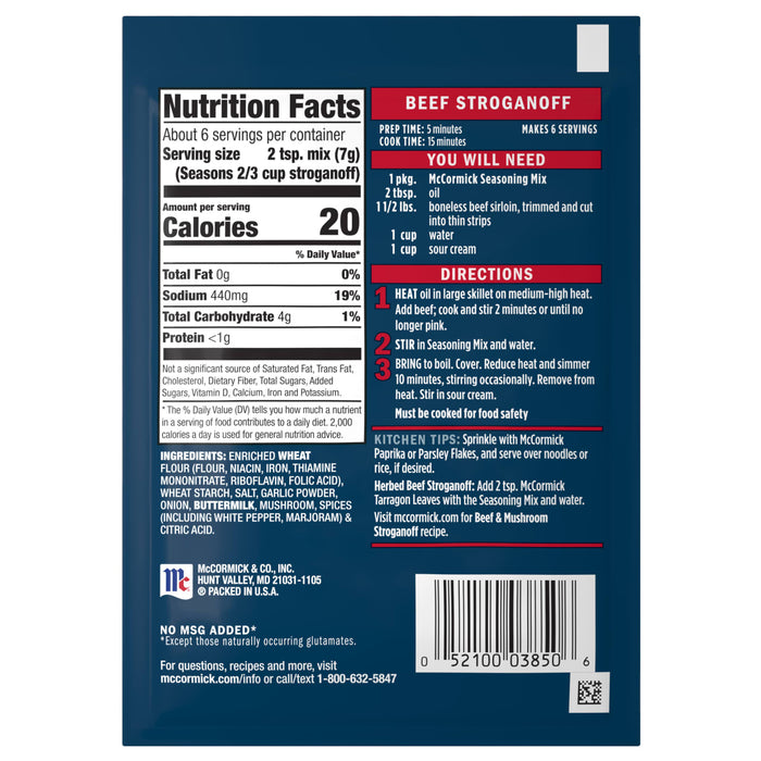 The back of a Mccormick Regular Beef Stroganoff Sauce Mix Envelope 1.5 Oz package displays nutrition facts, ingredients, and easy three step cooking directions.