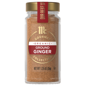 A jar of McCormick Gourmet Organic Ground Ginger.