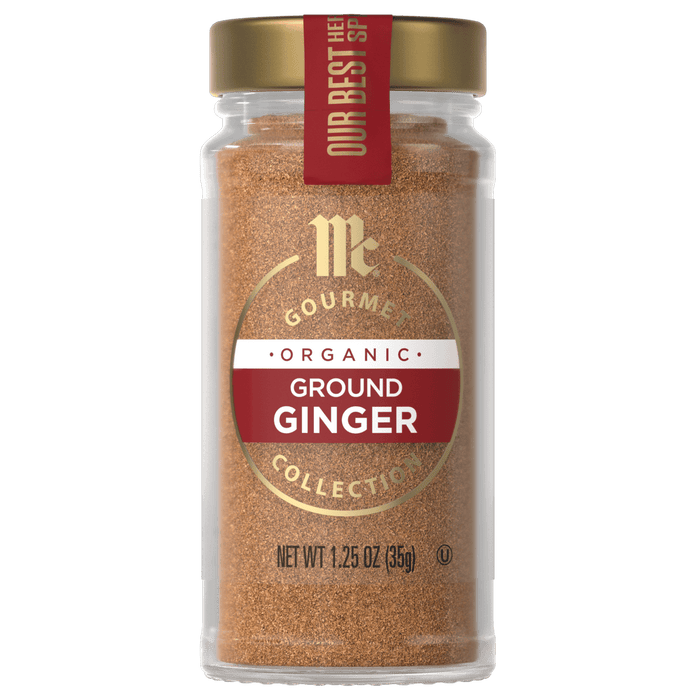 A jar of McCormick Gourmet Organic Ground Ginger.