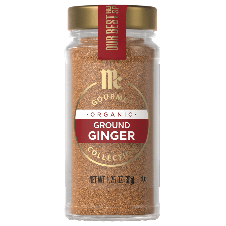 A jar of McCormick Gourmet Organic Ground Ginger.