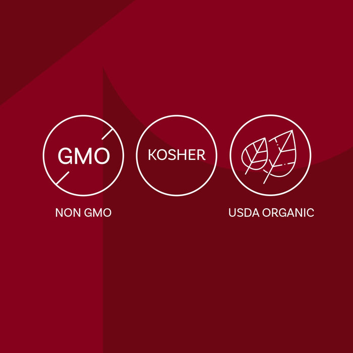 The image displays three circular icons indicating Non-GMO, Kosher, and USDA Organic certifications.