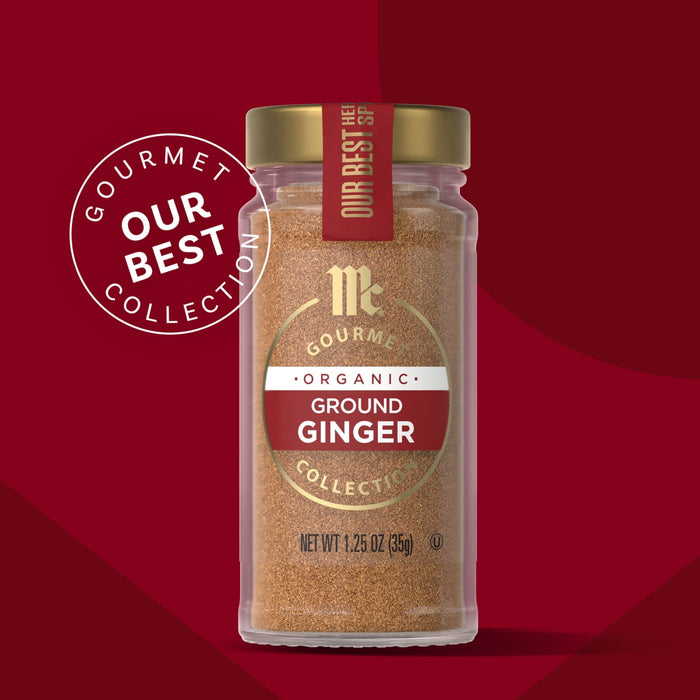 McCormick Gourmet Ground Ginger in a glass jar with a gold lid and a Our Best Collection badge.