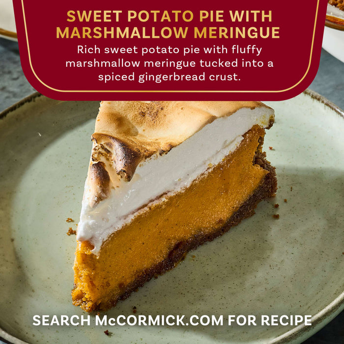 A slice of McCormick's sweet potato pie with marshmallow meringue and a spiced gingerbread crust is displayed.