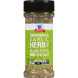 A bottle of McCormick Garlic Herb Black Pepper and Sea Salt All Purpose Seasoning.