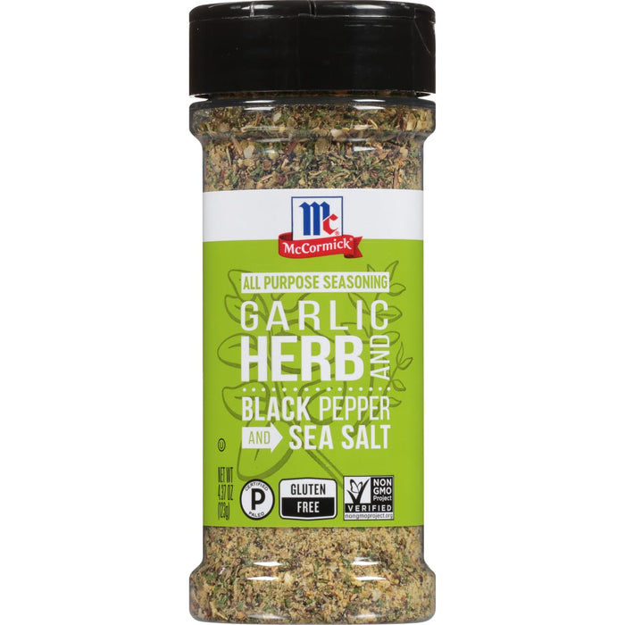 A bottle of McCormick Garlic Herb Black Pepper and Sea Salt All Purpose Seasoning.