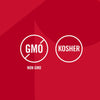 An infographic for Mccormick Garlic And Herb Pepper Seasoning Ground 4.37 Oz featuring white circular icons that indicate the product is Non GMO and Kosher against a red background.